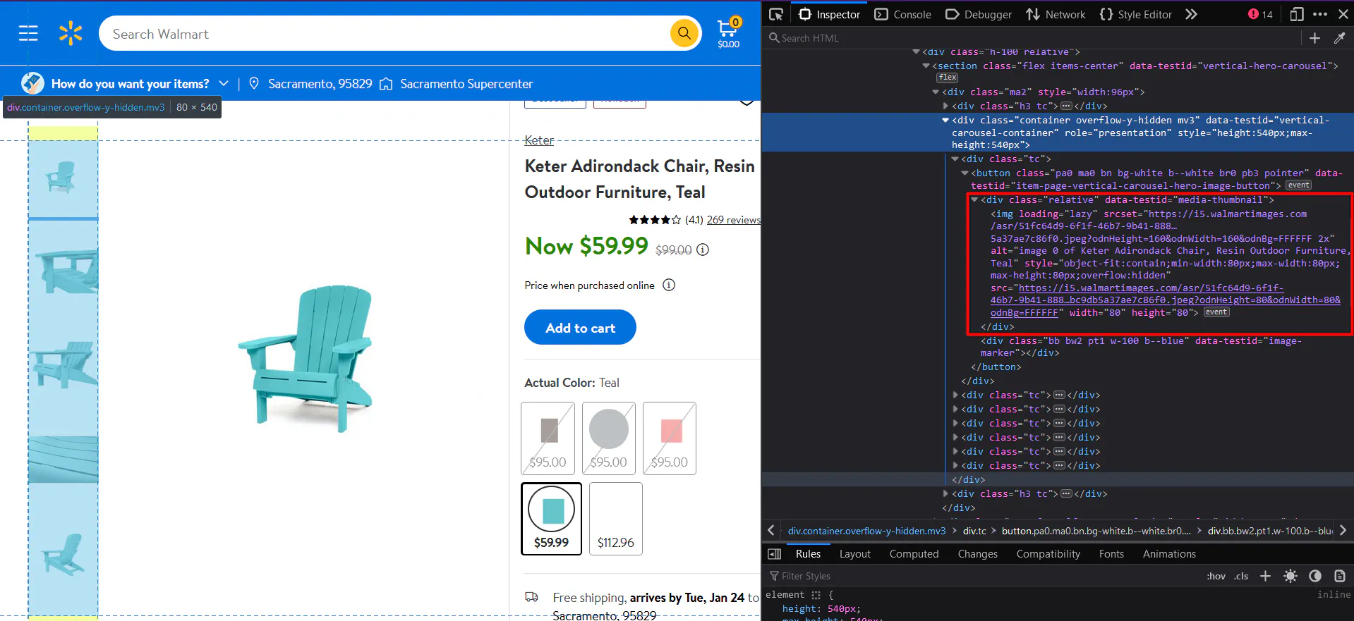 Walmart product page with the image thumbnail carousel highlighted, and browser inspector showing the selected image element