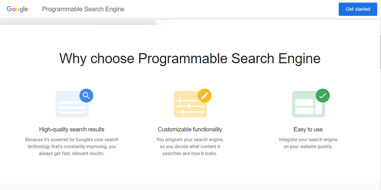 Google Programmable Search Engine page listing benefits like high-quality results and customization