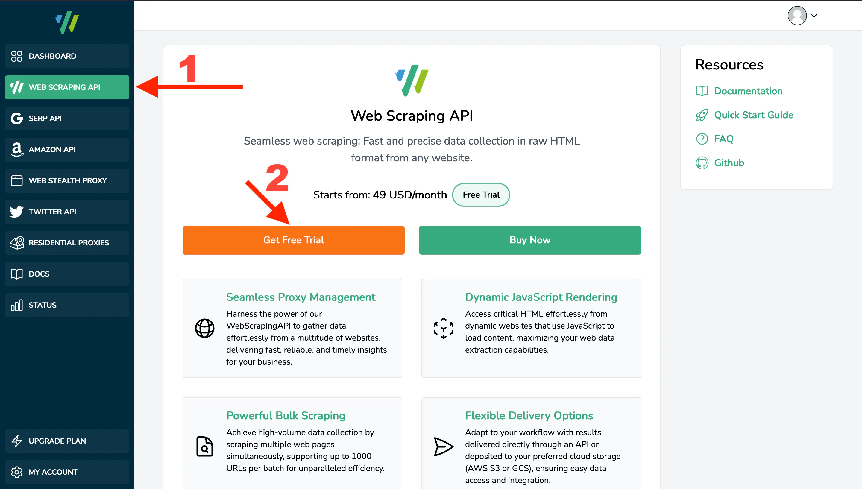 WebScrapingAPI dashboard page with sidebar navigation and a highlighted Get Free Trial button marked with red arrows and numbers