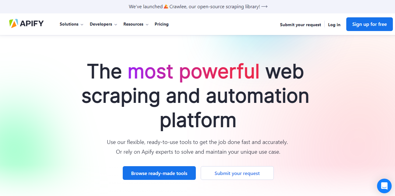 Apify landing page promoting a web scraping and automation platform with ready-made tools