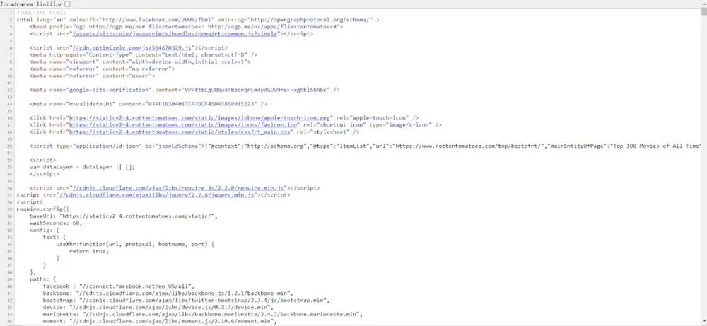 View-source page showing HTML and script tags from a movie listing page