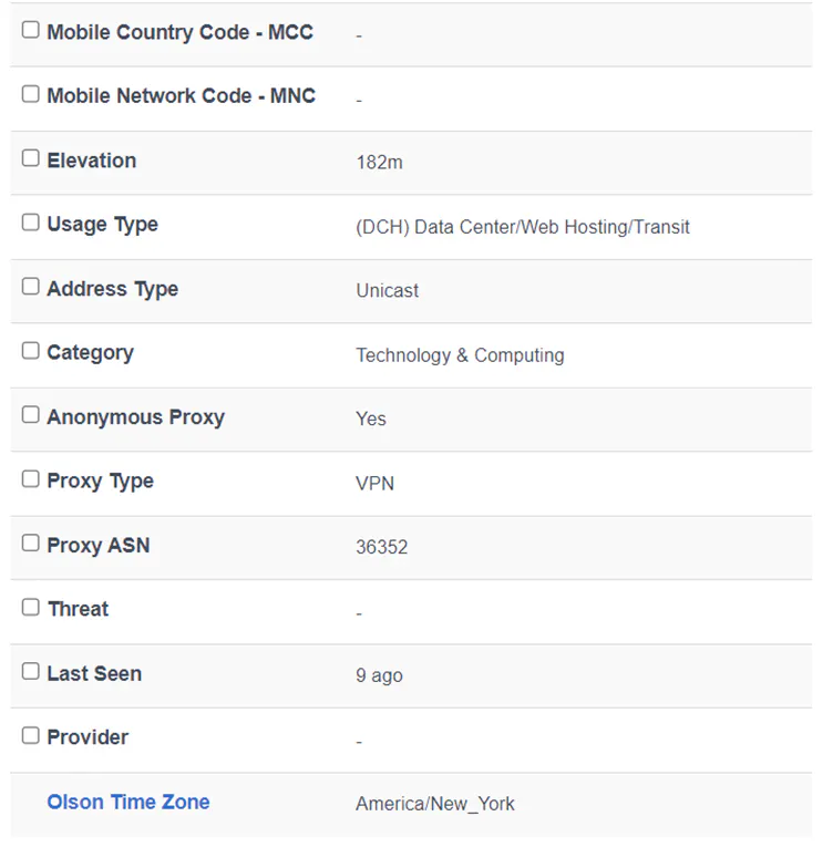 IP lookup details table showing fields such as usage type, anonymous proxy status, proxy type (VPN), ASN, and time zone