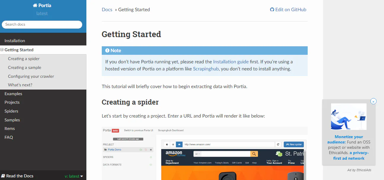 Portia documentation page with a Getting Started guide for creating a scraping spider
