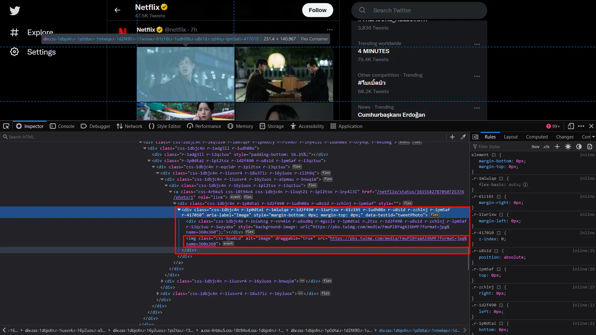 Twitter timeline with browser devtools highlighting the HTML for an attached tweet image