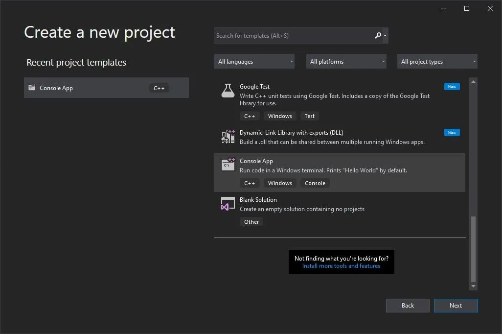 Visual Studio 'Create a new project' window in dark theme with C++ templates and Console App selected
