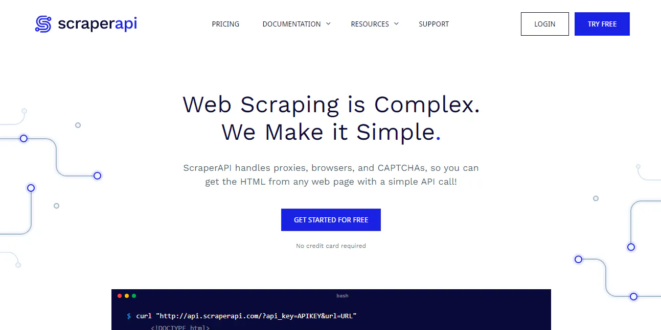 ScraperAPI landing page screenshot describing an API that handles proxies, browsers, and CAPTCHAs