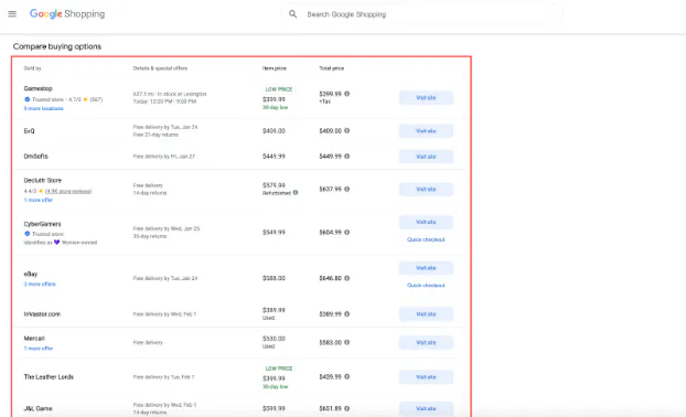 Google Shopping compare buying options table with multiple sellers and visit site buttons