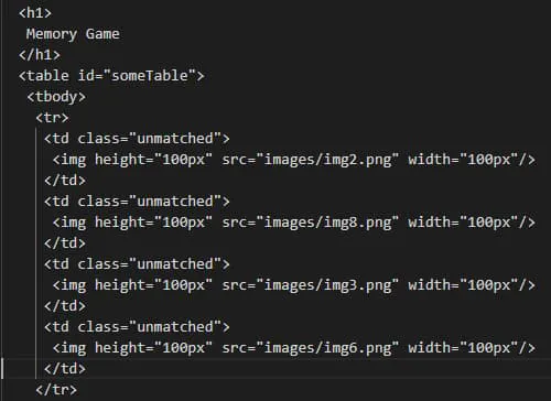HTML snippet for a memory game table with unmatched cells containing image tags