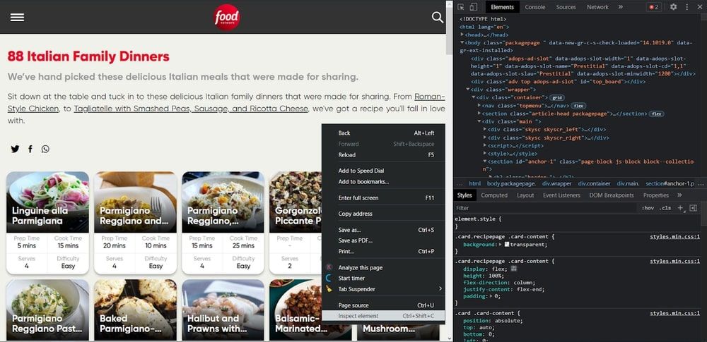 Food Network recipe listing page opened with Chrome DevTools for inspecting page elements