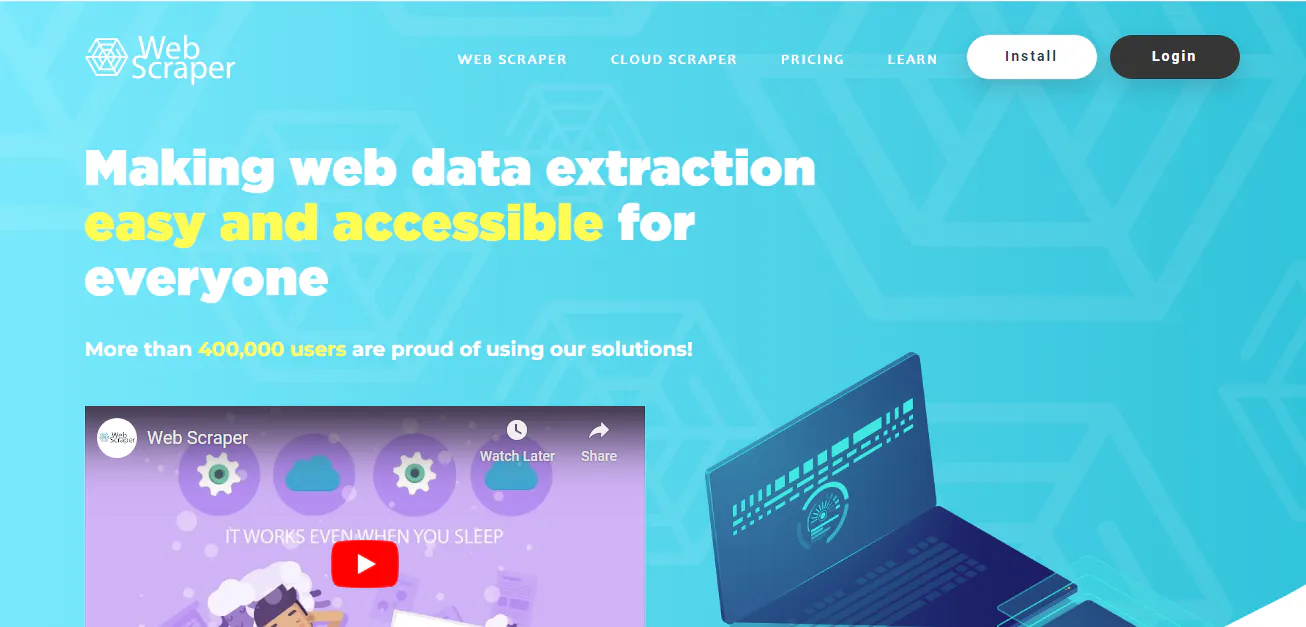 Web Scraper landing page screenshot with a headline about making web data extraction easy and accessible