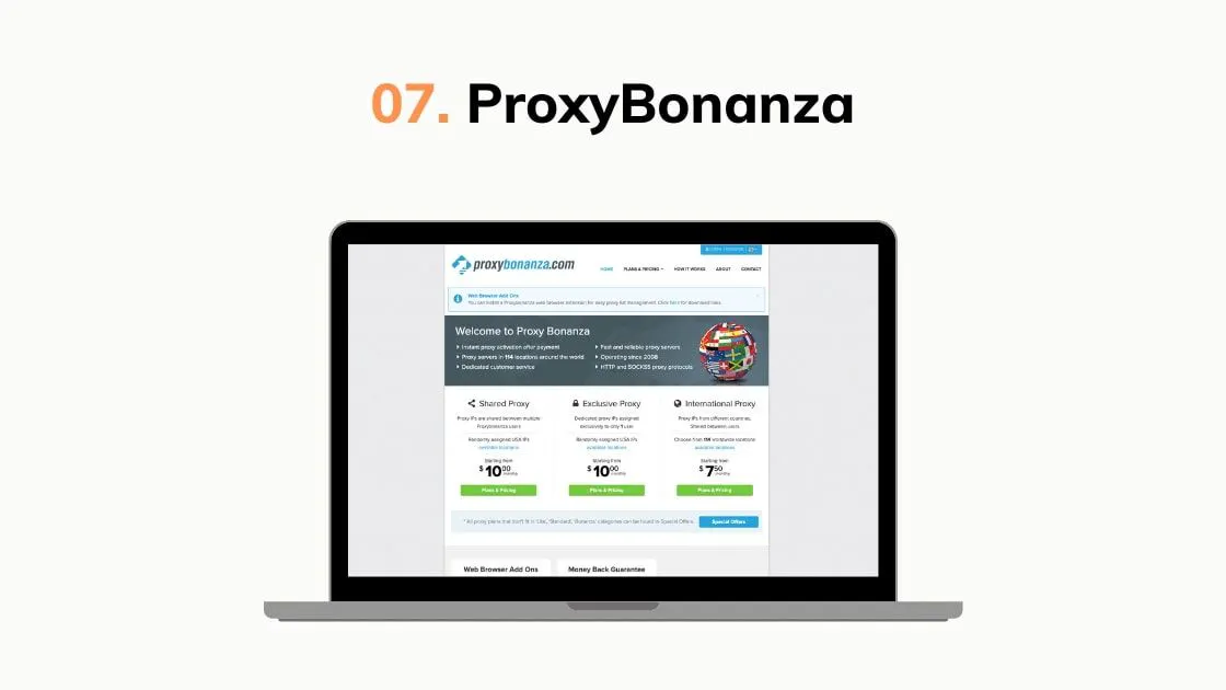 Graphic highlighting ProxyBonanza, showing a laptop mockup with a proxy provider pricing page