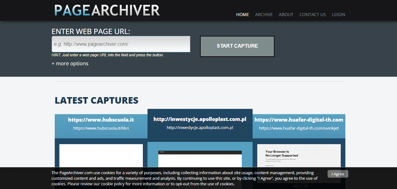 PageArchiver webpage with a field to enter a URL and a Start capture button