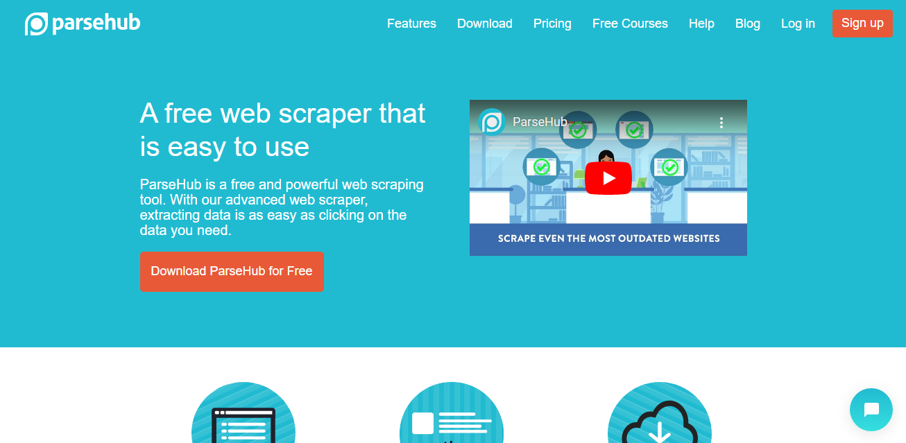 ParseHub homepage promoting an easy-to-use web scraper and a button to download the app