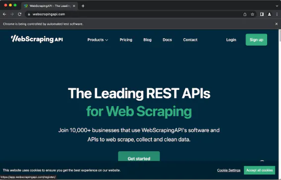WebScrapingAPI homepage hero in a browser window highlighting REST APIs for web scraping