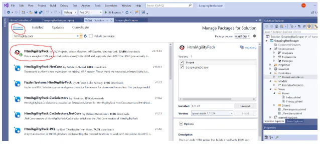 Visual Studio NuGet package manager window showing installed packages in an ASP.NET project