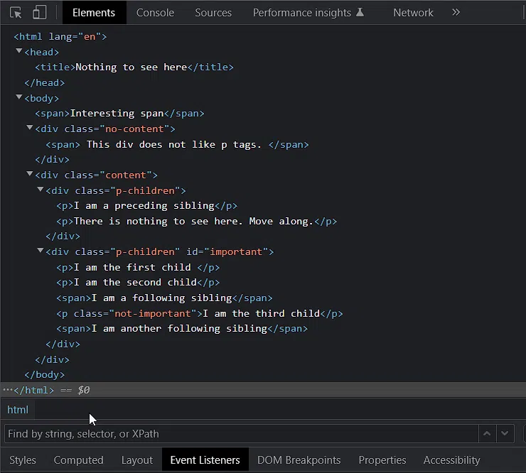 DevTools showing the Event Listeners tab with the selector or XPath search field
