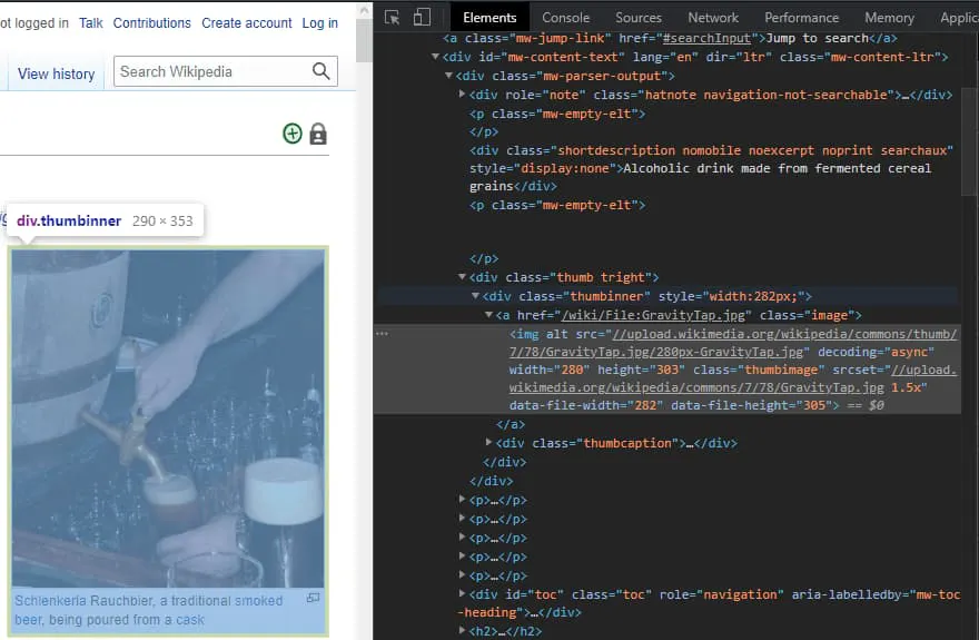 Wikipedia page with developer tools highlighting a thumbnail image element in the HTML