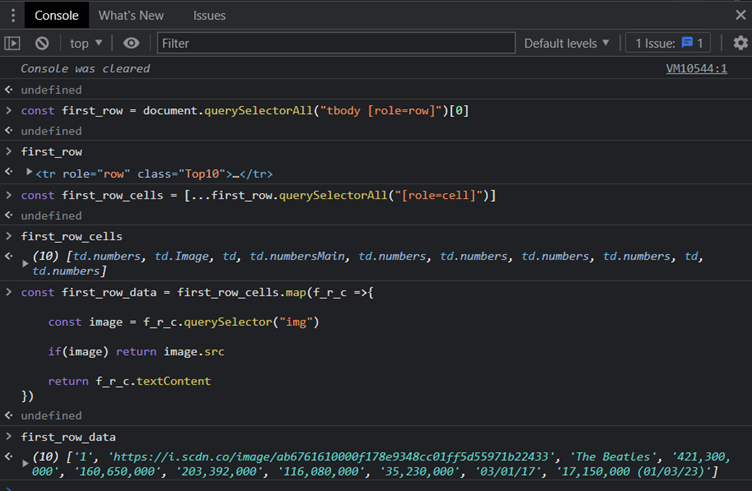 Browser console code selecting the first table row and mapping its cells to text or image URLs, outputting an array of row values