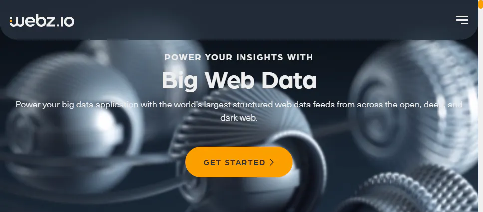 Webz.io homepage hero about big web data feeds, with a Get started button over an abstract metallic background