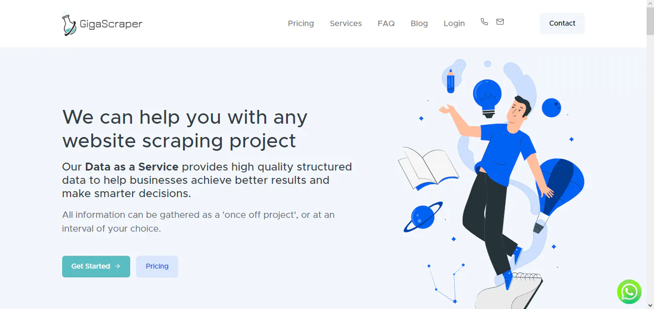 GigaScraper landing page screenshot with an illustration of a person and a lightbulb about website scraping projects