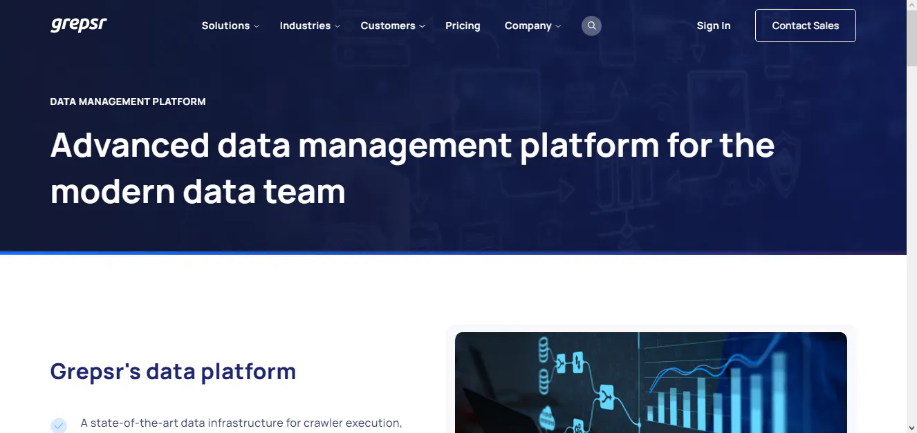 Grepsr page describing an advanced data management platform for modern data teams