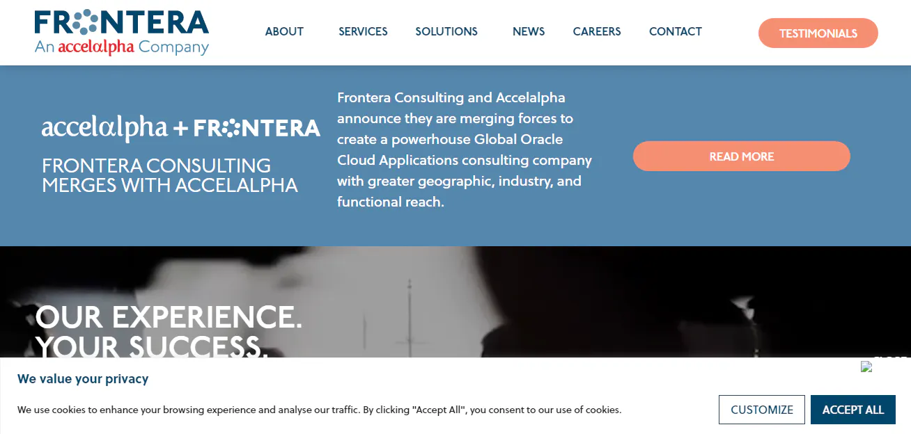 Frontera Consulting website screenshot announcing a merger with Accelalpha and an accept cookies banner