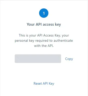API access key card with a copy button and reset link