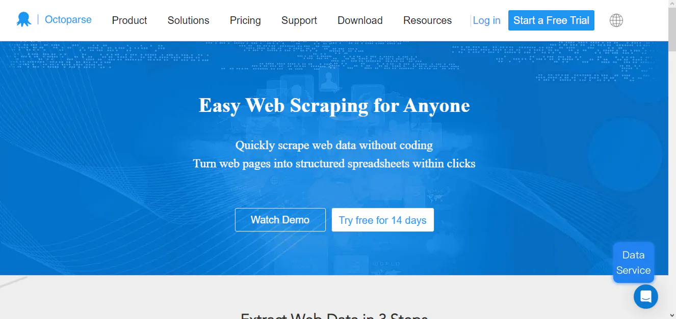 Octoparse homepage promoting no-code web scraping, with buttons to watch a demo or start a trial