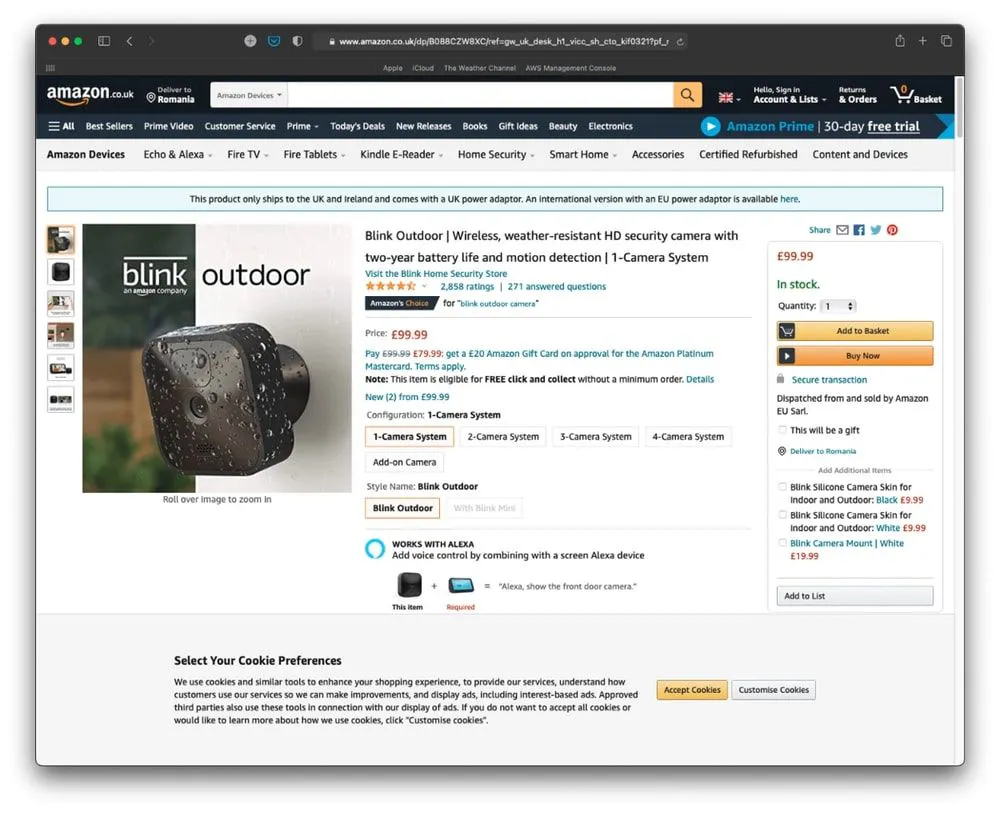 Amazon product page for a Blink Outdoor security camera showing price, ratings, and add-to-basket buttons