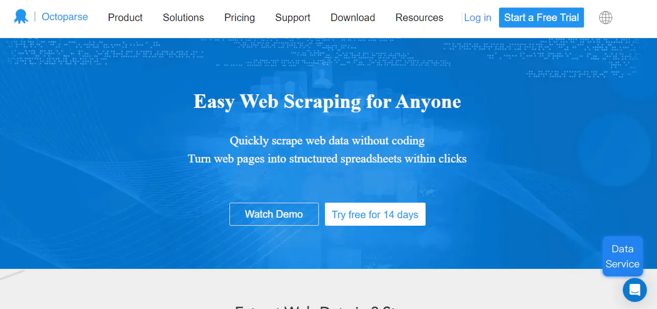 Octoparse landing page screenshot promoting no-code web scraping with demo and free trial buttons