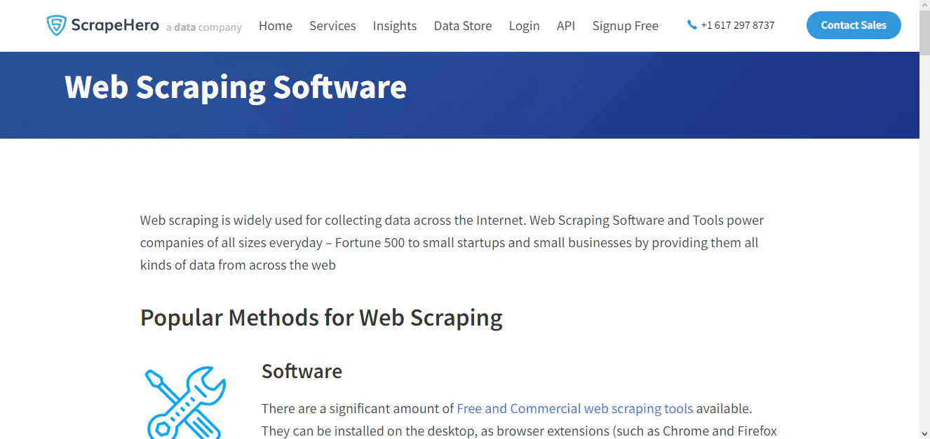 ScrapeHero webpage titled Web Scraping Software with a section on popular methods for web scraping