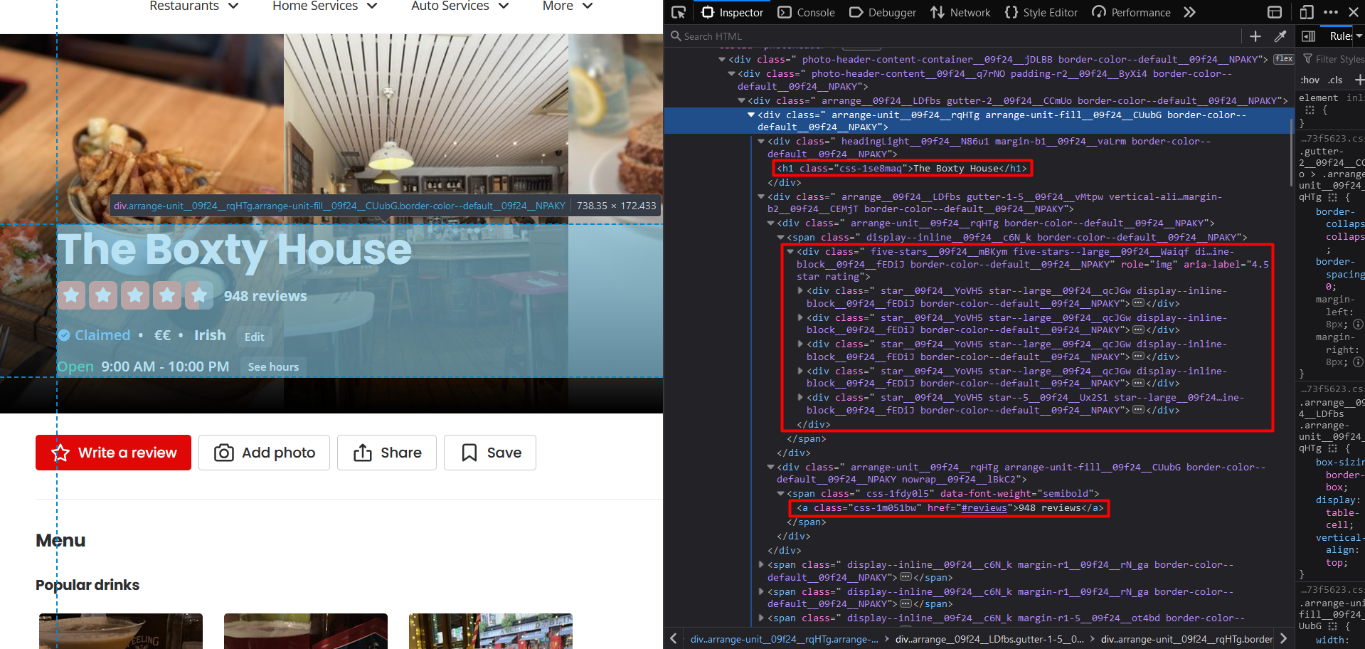 Yelp business page with browser devtools highlighting the HTML for the listing title and star rating