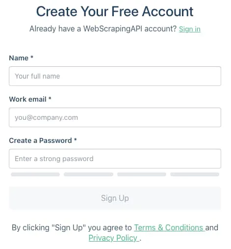 WebScrapingAPI sign-up form with fields for name, work email, and password