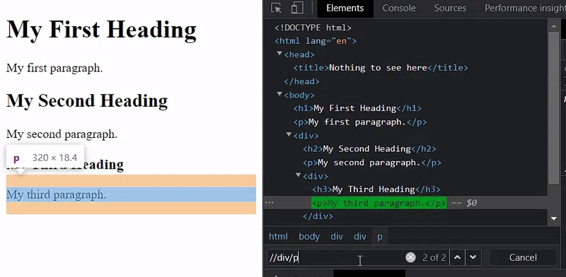 DevTools showing an XPath expression input field for locating elements