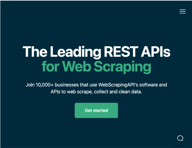 WebScrapingAPI hero section with a Get started button promoting REST APIs for web scraping