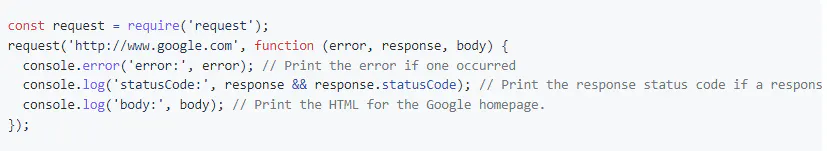 Code snippet showing a Node.js request callback printing error, status code, and response body