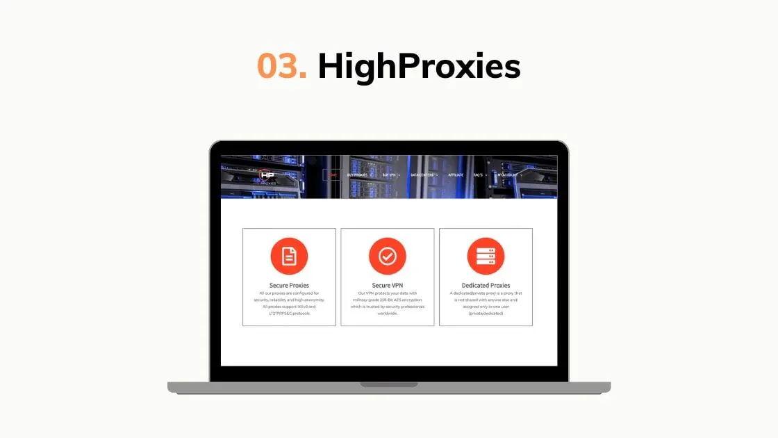 Graphic highlighting HighProxies, showing a laptop mockup with a proxy provider offering secure and dedicated proxies