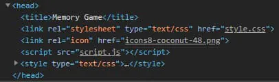 HTML head snippet with a page title, stylesheet link, and script includes for a memory game