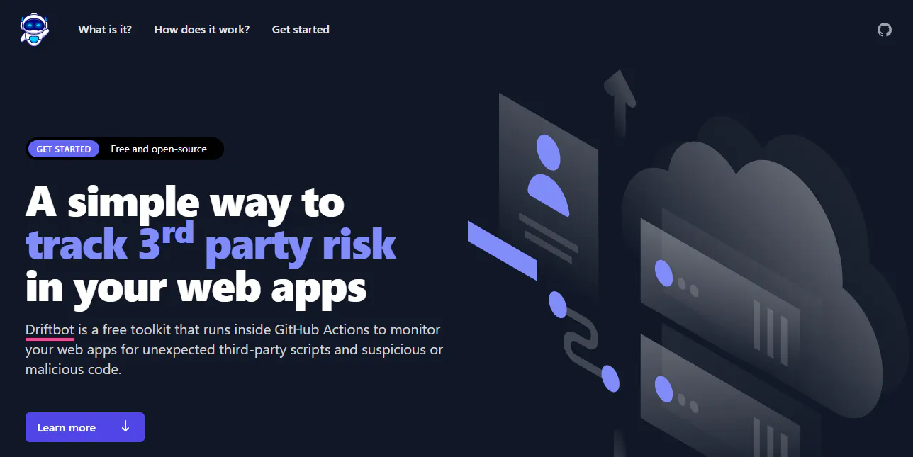 Driftbot landing page screenshot about monitoring third-party scripts in web apps, with cloud server illustration