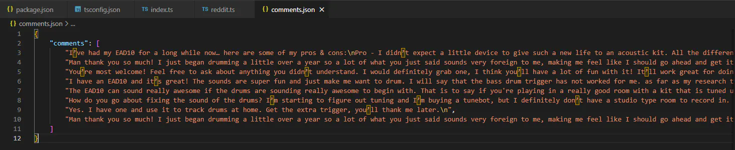 Code editor showing a comments.json file containing an array of scraped comment text