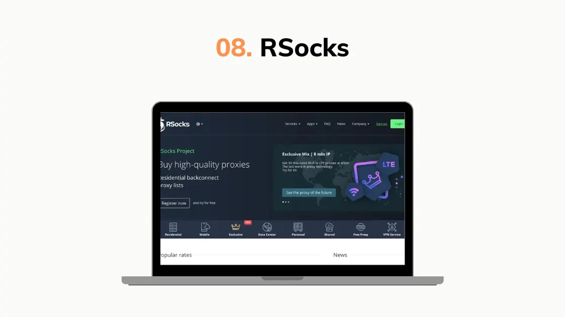 Slide graphic labeled RSocks with a laptop showing a proxy service homepage