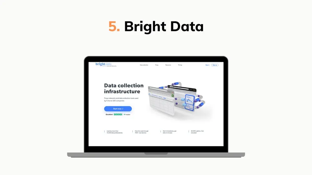 Graphic showing a laptop mockup with the Bright Data data collection infrastructure landing page
