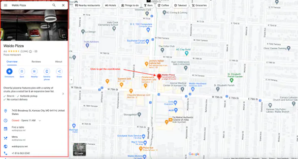 Google Maps listing with a business info sidebar highlighted in red and an arrow pointing from the map to the details panel