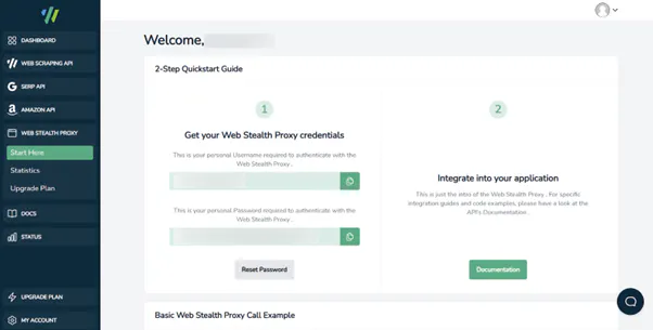 Dashboard quickstart page showing web stealth proxy credentials and an integration step with a documentation button
