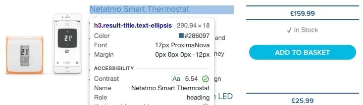 Browser devtools inspecting a product listing titled 