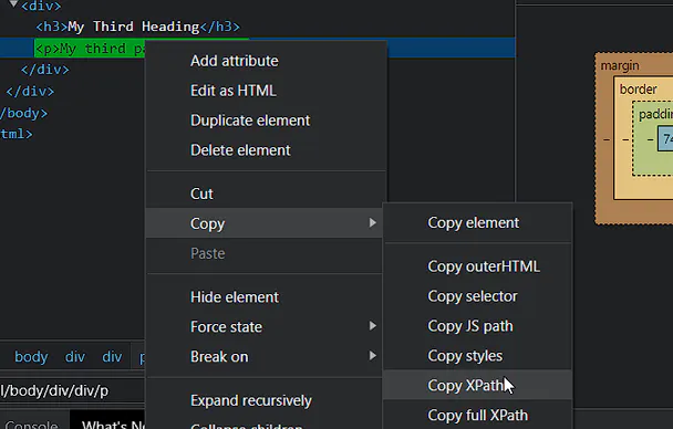 Developer tools context menu showing the Copy XPath option