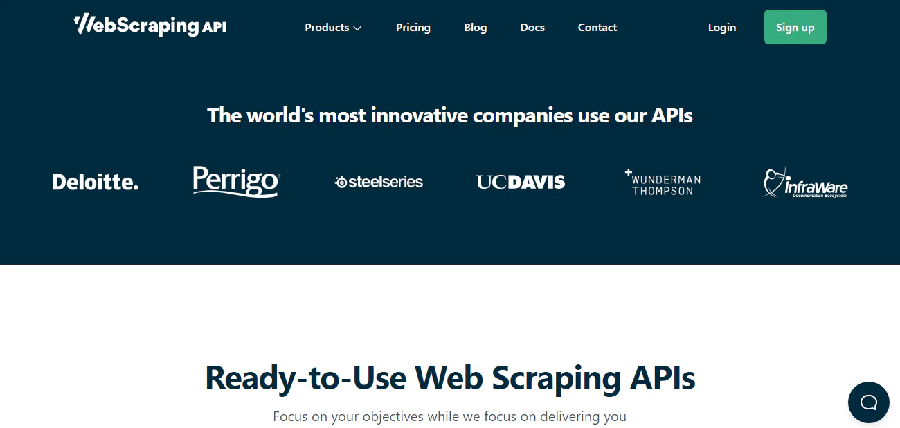 WebScrapingAPI marketing section showing customer logos and a headline about ready-to-use scraping APIs