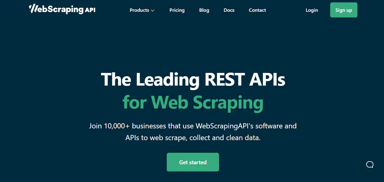 WebScrapingAPI homepage hero promoting REST APIs for web scraping with a Get started button
