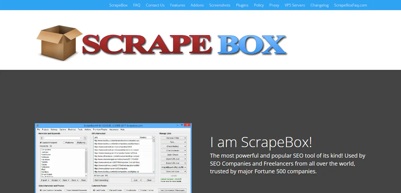 ScrapeBox homepage screenshot with the ScrapeBox logo and a screenshot of the desktop SEO tool