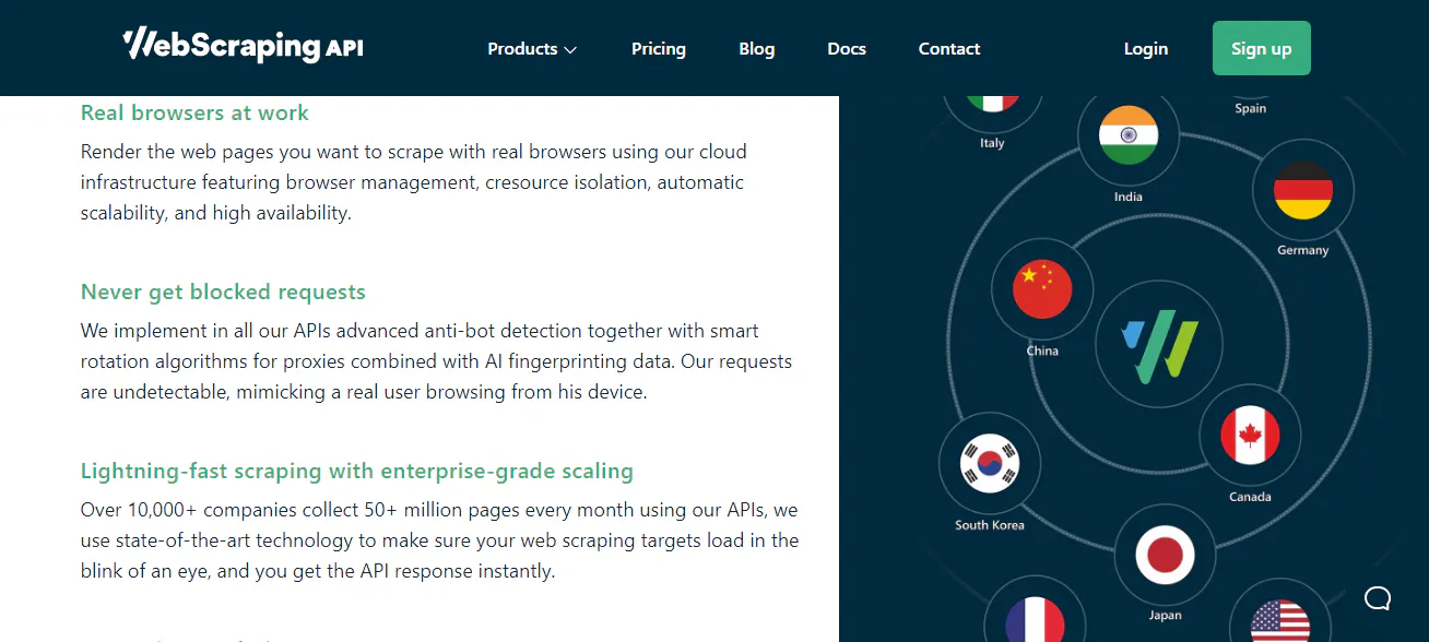 WebScrapingAPI product page highlighting real-browser rendering and anti-bot protection with a global network graphic